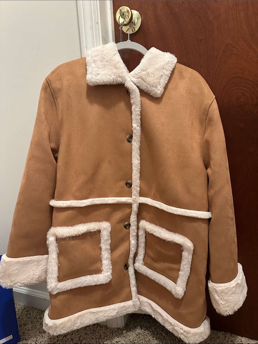 Women's Tan Faux Suede Coat with Cream Faux Fur Trim